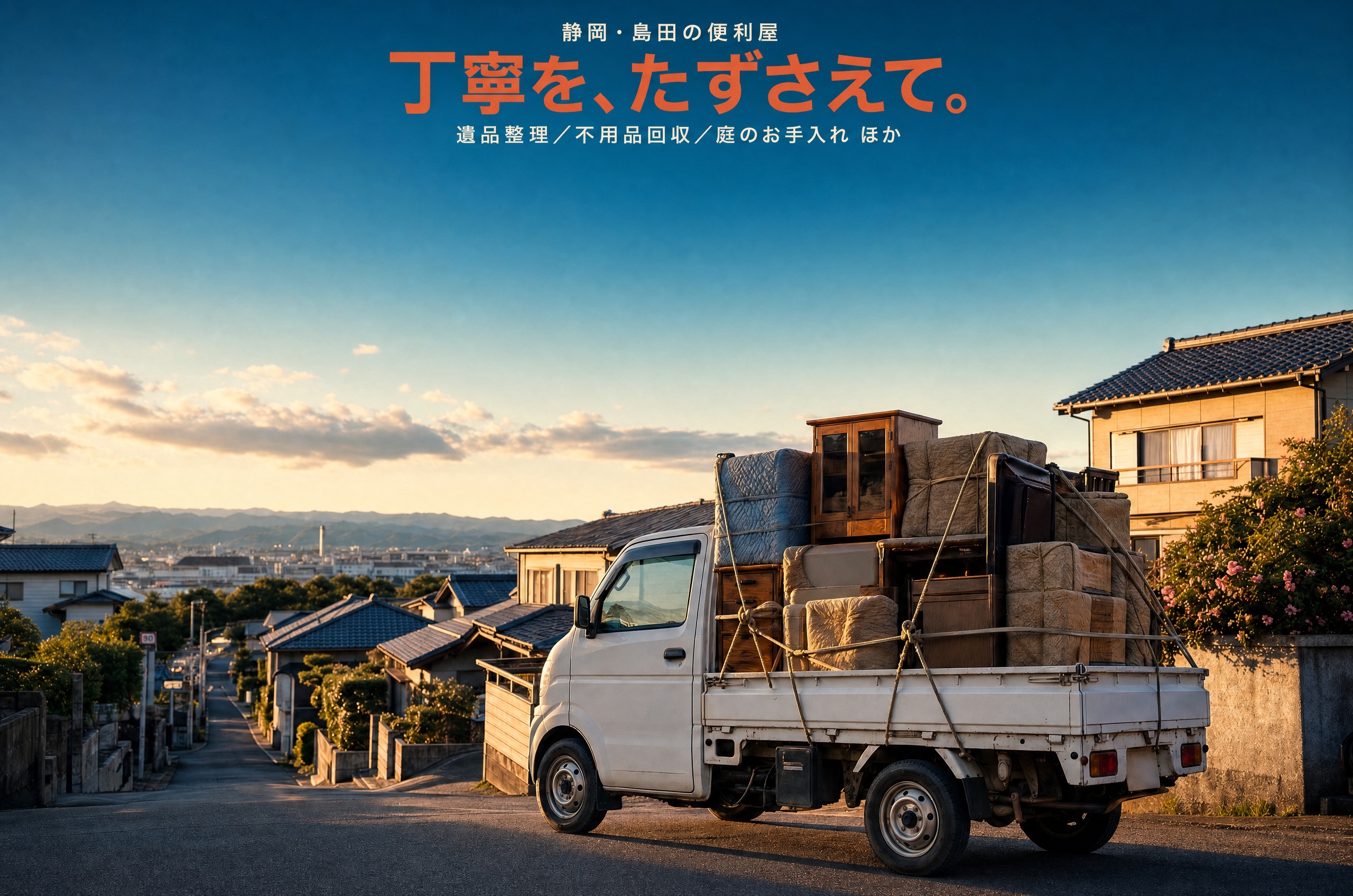 遺品整理・不用品回収のため荷物を積んだ軽トラック。丁寧を、たずさえて。静岡・島田の便利屋 よろづ屋助人